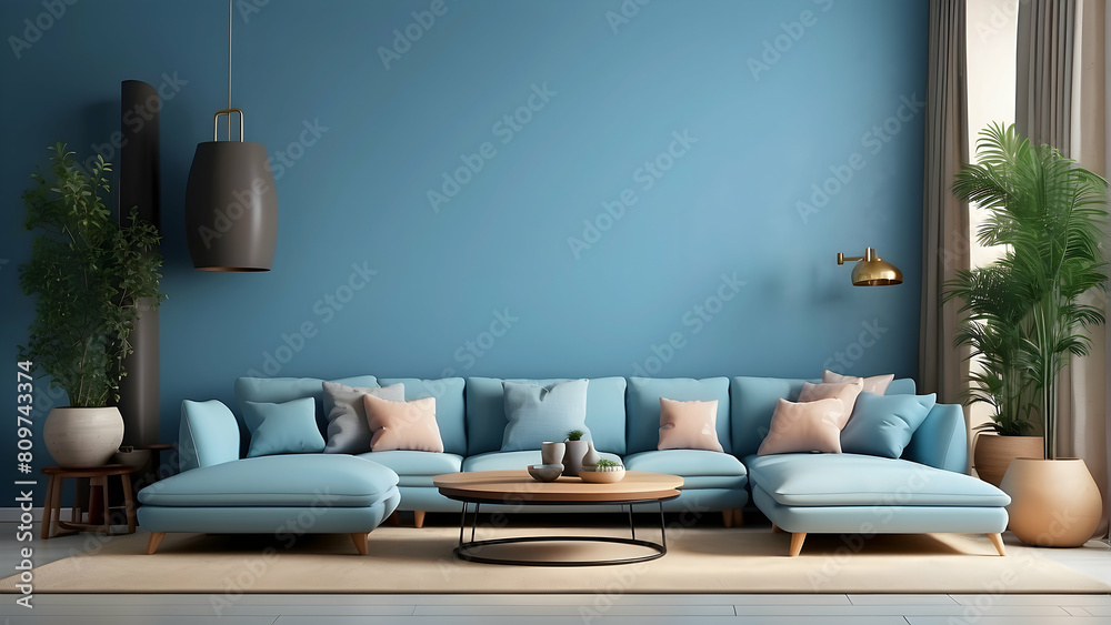 Stylish living space highlighted by a bold blue wall, plush seating, and contemporary lighting fixtures Stylish living space highlighted by a bold blue wall, plush seating, and contemporary lighting fixtures