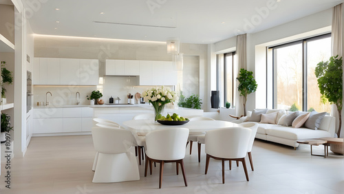 Crisp white open-plan living and dining space with large windows  that provide ample natural light and a feel of openness