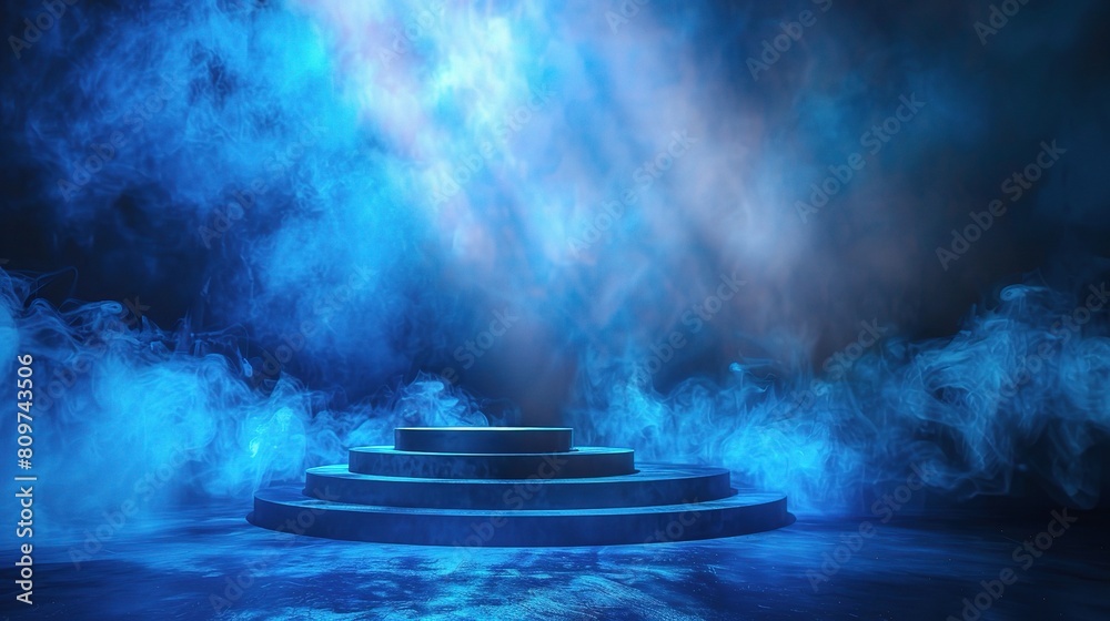 podium scene, showcasing your products or awards in a spotlighted presentation against a backdrop of mesmerizing blue tones and gentle wisps of smoke podium scene, showcasing your products or awards in a spotlighted presentation against a backdrop of mesmerizing blue tones and gentle wisps of smoke