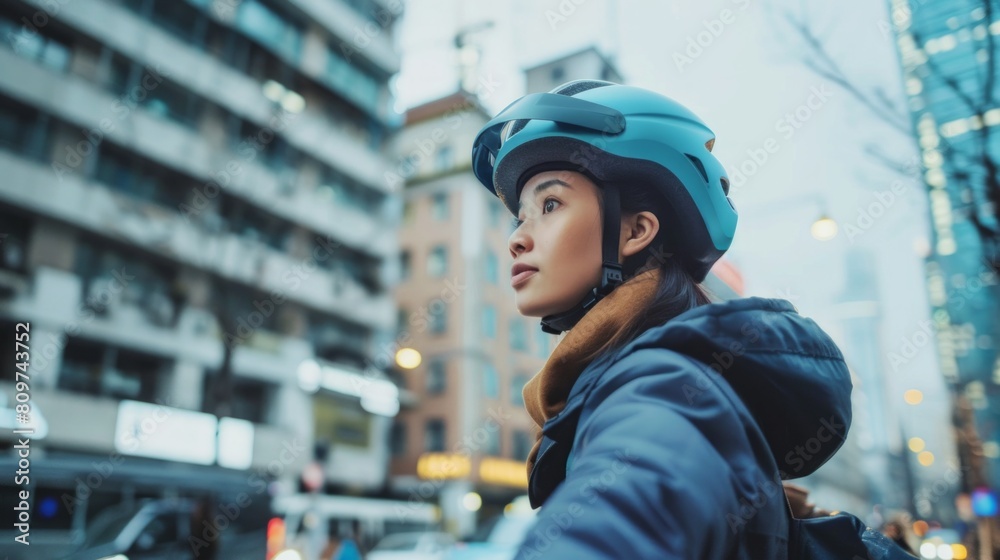 Businesswoman go to work at office wearing helmet with bicycle on street around building on city. Bike commuting, Commute on bike, Business commuter concept. Businesswoman go to work at office wearing helmet with bicycle on street around building on city. Bike commuting, Commute on bike, Business commuter concept.