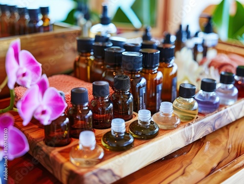 A wooden tray with many bottles of essential oils and a bunch of pink flowers