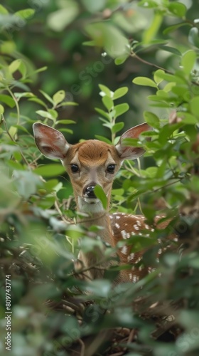 Bashful baby deer hiding behind bushes, their spotted coats blending into the foliage