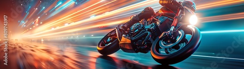 Dynamic 3D motorcycle racing through a vibrant, futuristic landscape, styled with magical realism photo