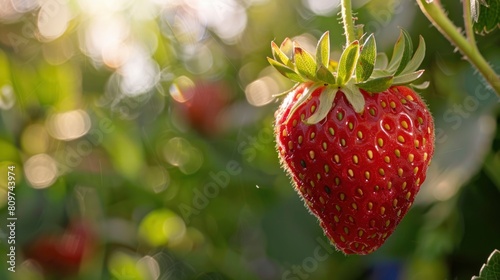 A red strawberry is hanging from a plant