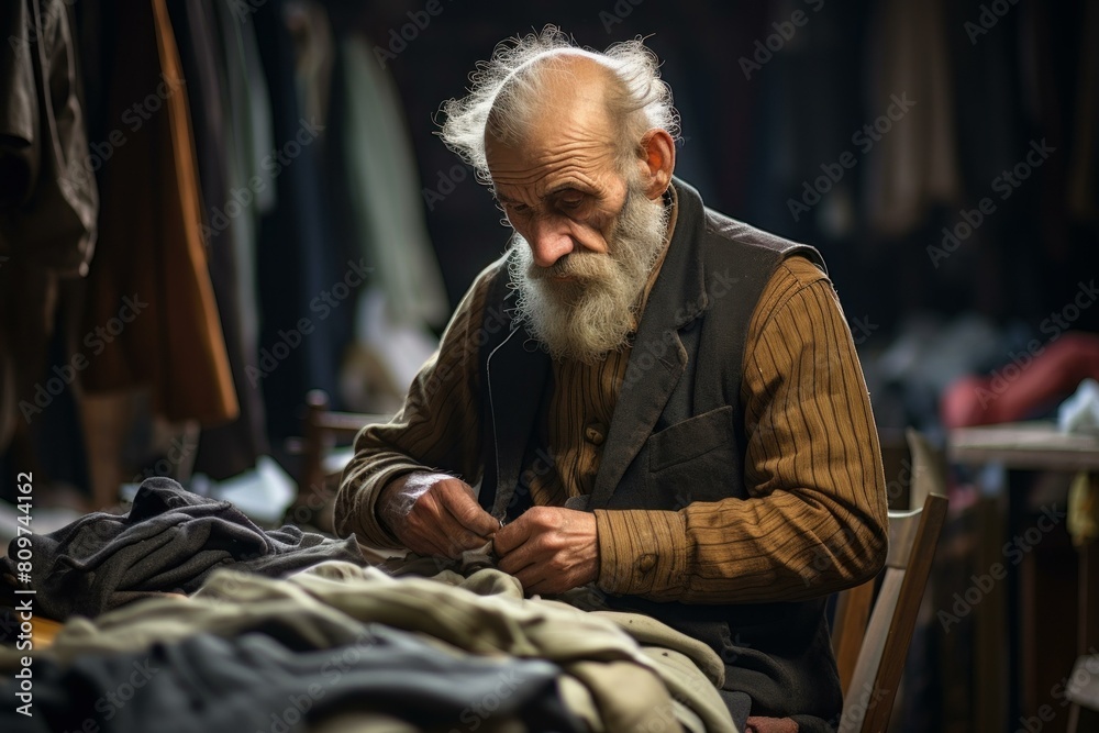 Focused senior craftsman hand-stitching garments in a rustic tailoring studio
