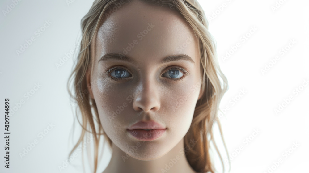 Close-up of a woman's face, her gaze intense yet ethereal against a soft-lit backdrop. Close-up of a woman's face, her gaze intense yet ethereal against a soft-lit backdrop.