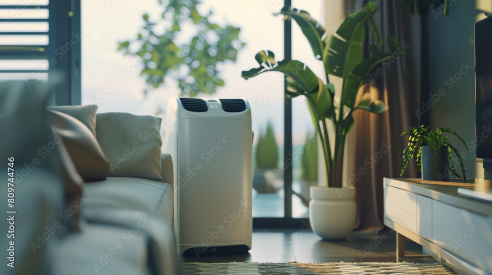 A portable air purifier stands ready in a cozy, well-lit living room. A portable air purifier stands ready in a cozy, well-lit living room.