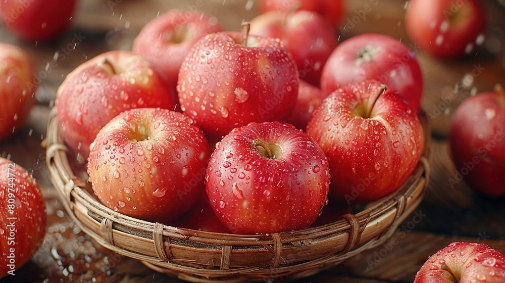 A basket overflowing with ripe red apples sits atop a wooden table Water droplets gracefully adorn the succulent fruit A basket overflowing with ripe red apples sits atop a wooden table Water droplets gracefully adorn the succulent fruit