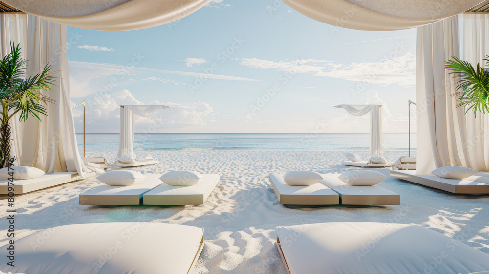 Fototapeta premium Elegant beachside lounge area with white canopies and serene ocean view.