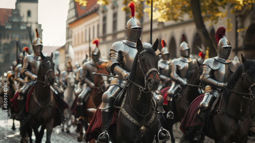 Armored knights on horseback leading a historical reenactment procession.