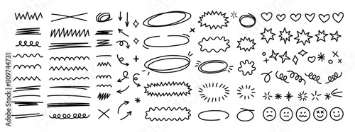 Scribble doodle icons line shapes set. Hand drawn design elements collection