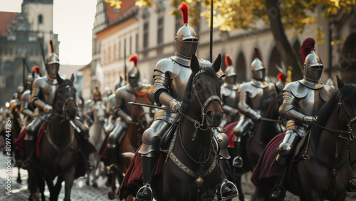 Armored knights on horseback leading a historical reenactment procession. photo