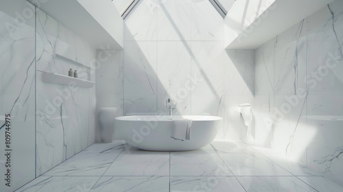 Pristine modern bathroom interior with geometric design bathed in natural light.
