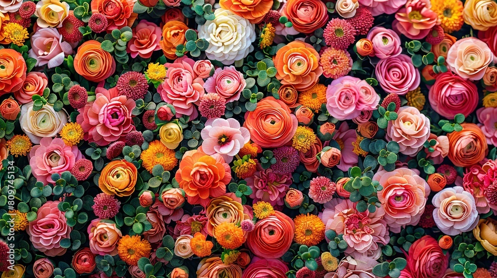   A close-up of a variety of flowers adorning the side of a wall with lush succulents