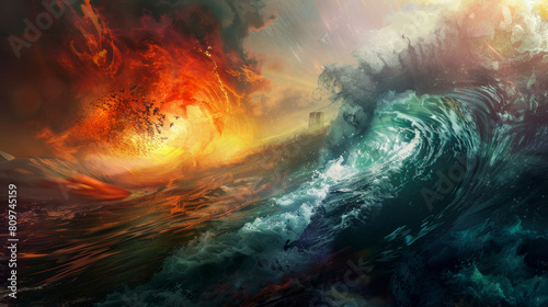 Dramatic digital art of a colossal wave and sun explosion.