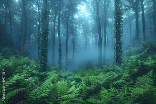 Dark mystic laurel forest with thick fog close-up  Gloomy spooky foggy dark forest landscape Mysterious horror forest background 3D illustration 