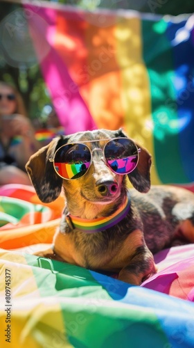 Charming scene of a sunglasseswearing dachshund on a beach towel, surrounded by colorful rainbow flags at a pride parade, epitomizing summer and celebration photo