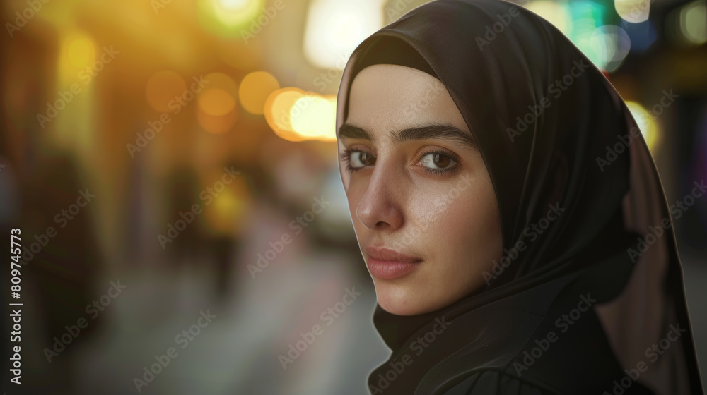 A young woman in a hijab with a thoughtful gaze amidst soft city lights. A young woman in a hijab with a thoughtful gaze amidst soft city lights.