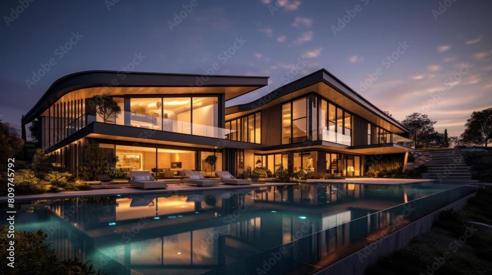 modern luxury house with swimming pool lit up at night.AI generated image