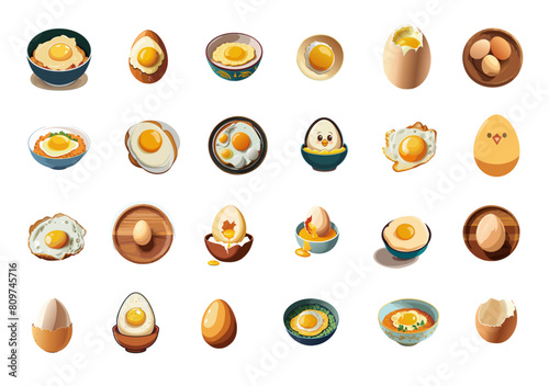 Eggs cartoon vector set: leaked yolk, scrambled egg, omelette, boiled egg, bowl, fried eggs on the plate, illustration isolated on white