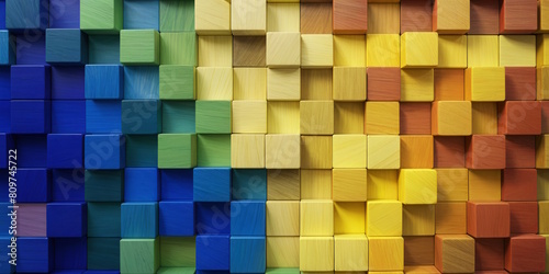 Colorful wooden blocks arranged in a grid pattern, bright gradient texture of wooden blocks. Wood background concept, rainbow color, vivid color concept
