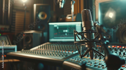 Studio microphone set against the backdrop of professional audio equipment.