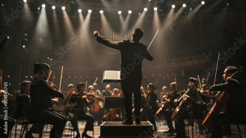 Conductor leading orchestra in dramatic symphonic performance.