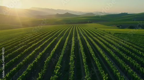 Aerial view of a serene vineyard landscape at sunset  with rolling hills in the distance.