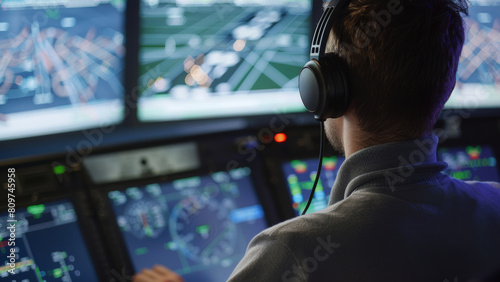 Air traffic controller focused on monitoring multiple screens in a high-tech control room.