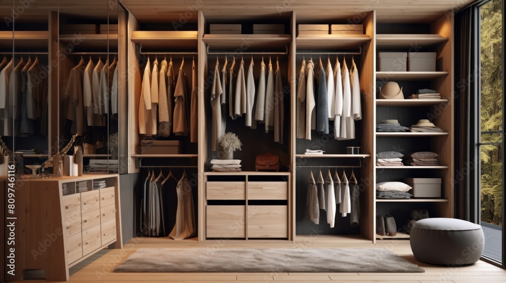 Modern wooden wardrobe with clothes hanging inside.AI generated image Modern wooden wardrobe with clothes hanging inside.AI generated image
