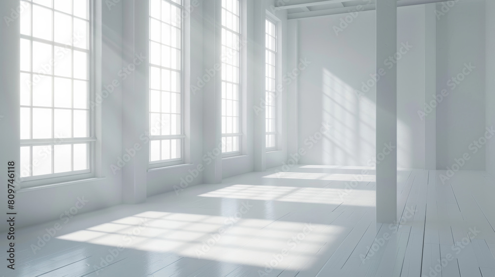 Sunlight casts geometric shadows in a peaceful white room. Sunlight casts geometric shadows in a peaceful white room.