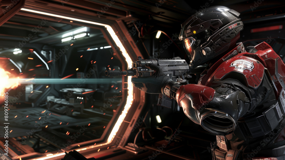 Fototapeta premium Futuristic soldier firing a gun in a high-tech spaceship corridor.