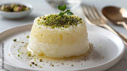 Exquisite presentation: aromatic persian rice pudding with crushed pistachios and mint, elegantly served on a white plate