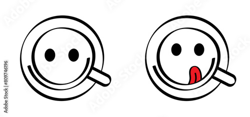 Hot coffee or tea . Mug with happy smile. Cartoon coffee cup or teacup line pattern. Coffee a clock or tea time. Beverage logo. Work, life balance concept for full energy. 