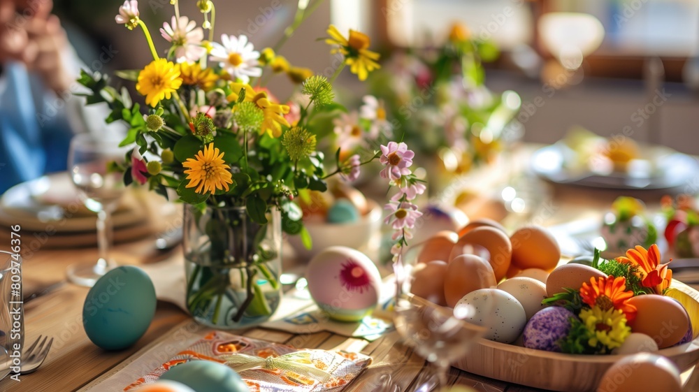  Family-oriented Easter table setting decorated with colorful flowers and eggs.