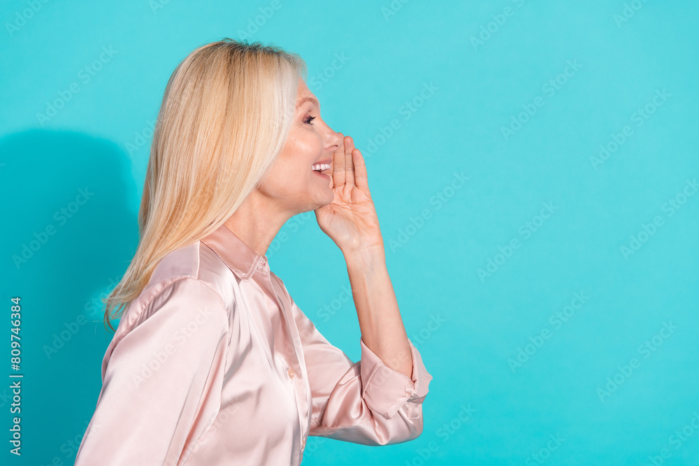 Profile photo of pretty elegant lady communicate empty space wear shirt isolated on teal color background Profile photo of pretty elegant lady communicate empty space wear shirt isolated on teal color background