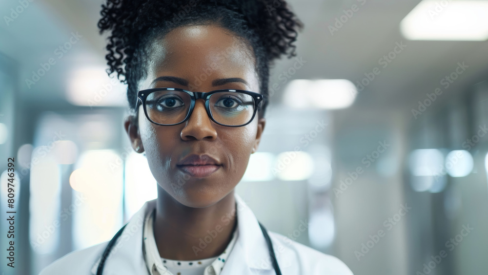 Fototapeta premium Professional, confident female doctor adorned with glasses stands ready to serve in a modern medical facility corridor.