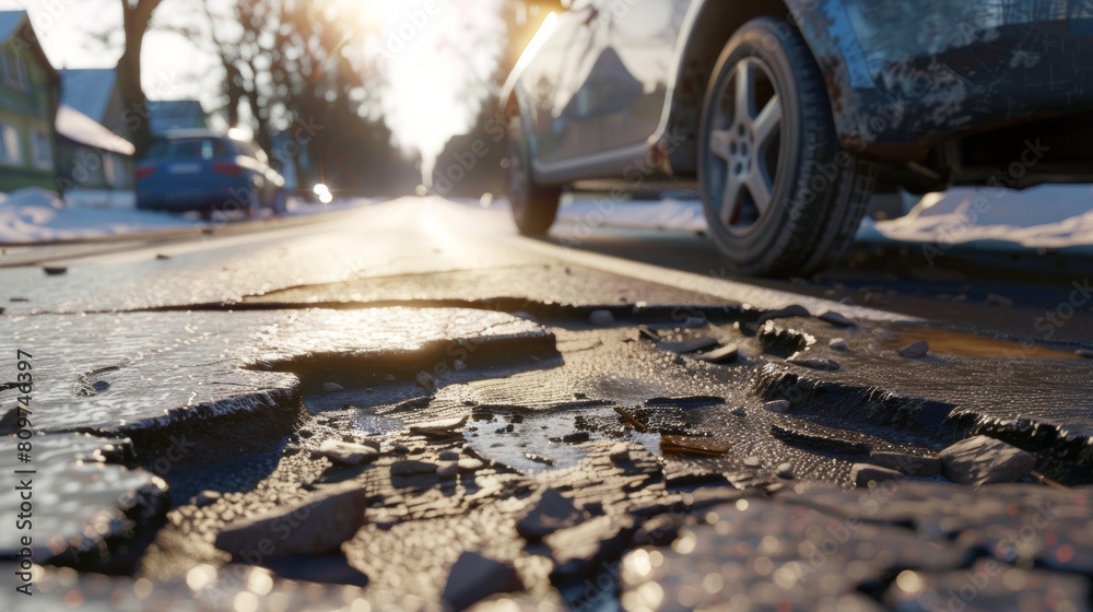 Morning light reveals potholes on a weathered snowy street. Morning light reveals potholes on a weathered snowy street.