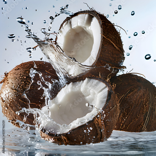 Four compact coconut, white background, water droplets on the surface. Close-up. (ID: 809746309)