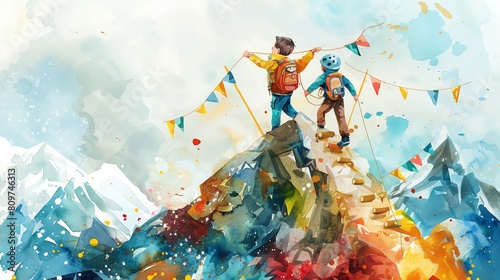 A pair of kids in explorer outfits climbing a mountain of couch cushions with makeshift ropes and paper flags reaching for the summit