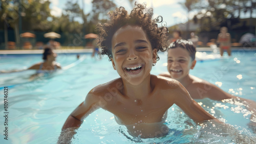 Kids expressing pure joy while splashing in a sunlit swimming pool.