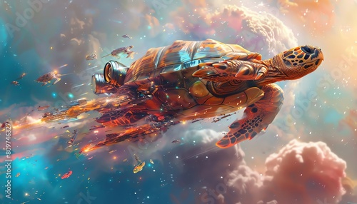 A humorous abstract scene of a turtle with jet engines attached to its shell speeding through a colorful dreamlike landscape Copy space