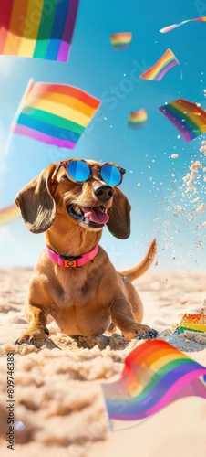 Playful dachshund decked out in stylish sunglasses, proudly parading on the sand with rainbow flags fluttering for pride month, capturing a moment of fun and inclusivity