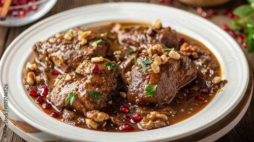 Authentic iranian fesenjan stew featuring tender meat in pomegranate walnut sauce, garnished with herbs on a white plate