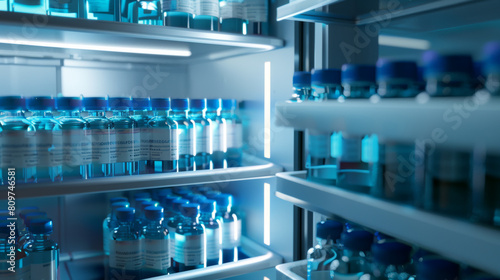 Refrigerated vials of vaccine stored meticulously on high-tech shelves.