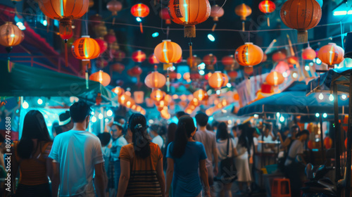 Vibrant lanterns illuminate a bustling night market street scene. photo