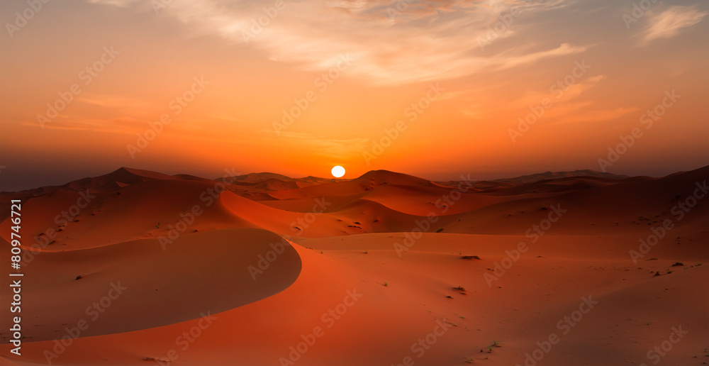 Sand dunes in the Sahara Desert at amazing sunrise, Merzouga, Morocco - Orange dunes in the desert of Morocco - Sahara desert, Morocco