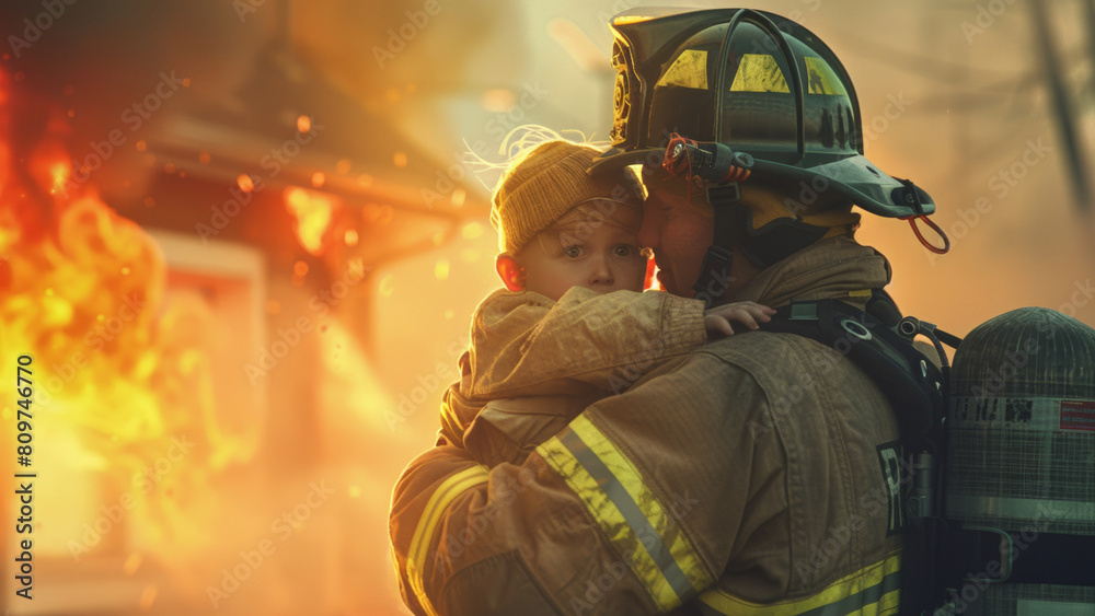 A firefighter tenderly holds a child amidst a smokey rescue scene, a moment of human compassion and bravery.