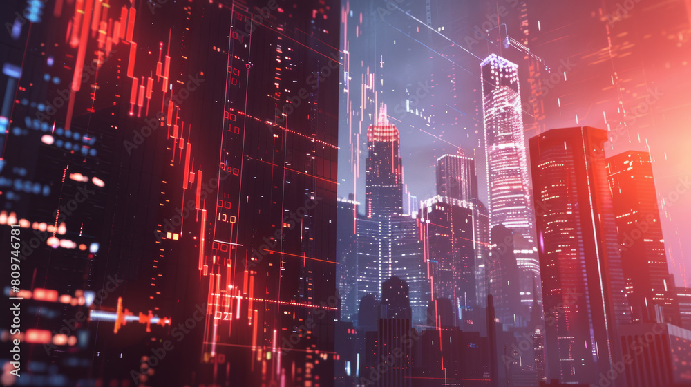 Fototapeta premium Digital cityscape with illuminated buildings and data stream overlay, symbolizing smart city technology.