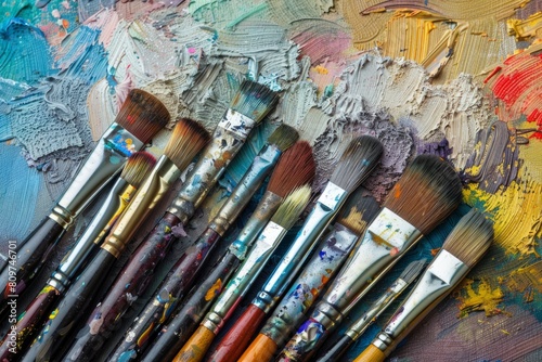 Collection of various paint brushes of different sizes and shapes neatly arranged on a table in a commercial setting